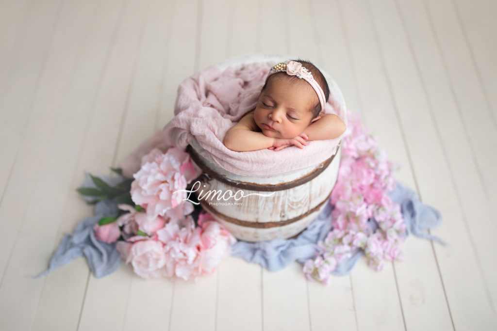 newborn baby in a bucket front facing pose studio flash light